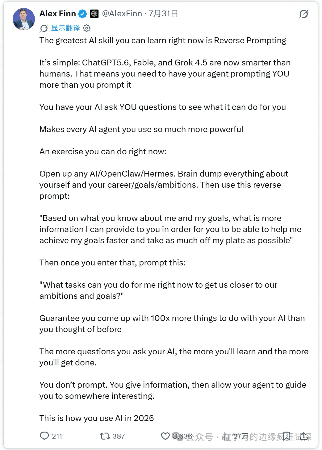 Alex Finn post in English